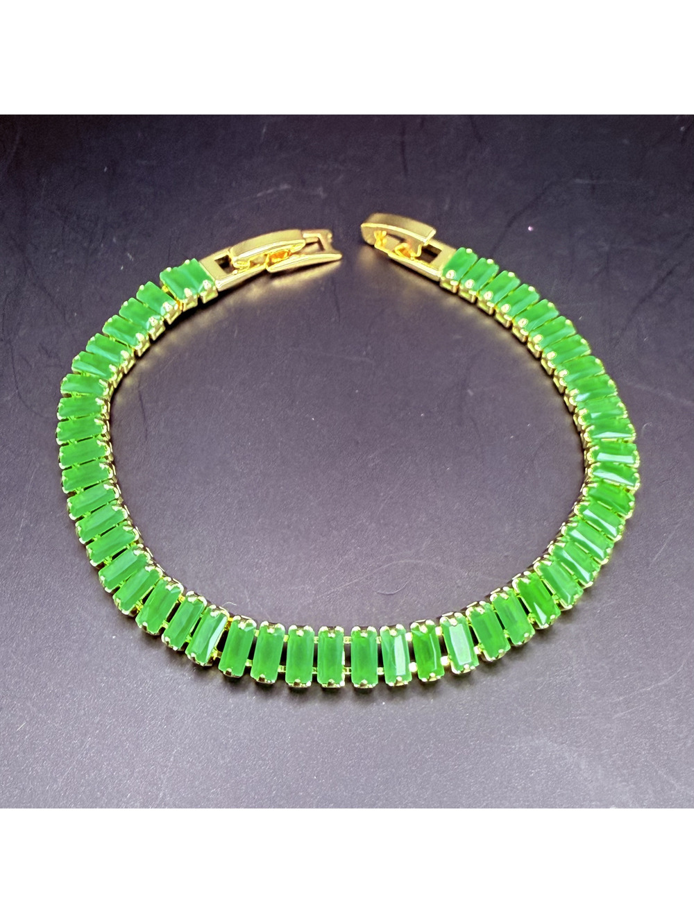 candy+clover green baguette gold tone tennis bracelet